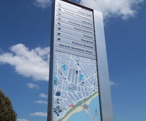dCipher Monolith - stainless steel wayfinding sign with graphic panel